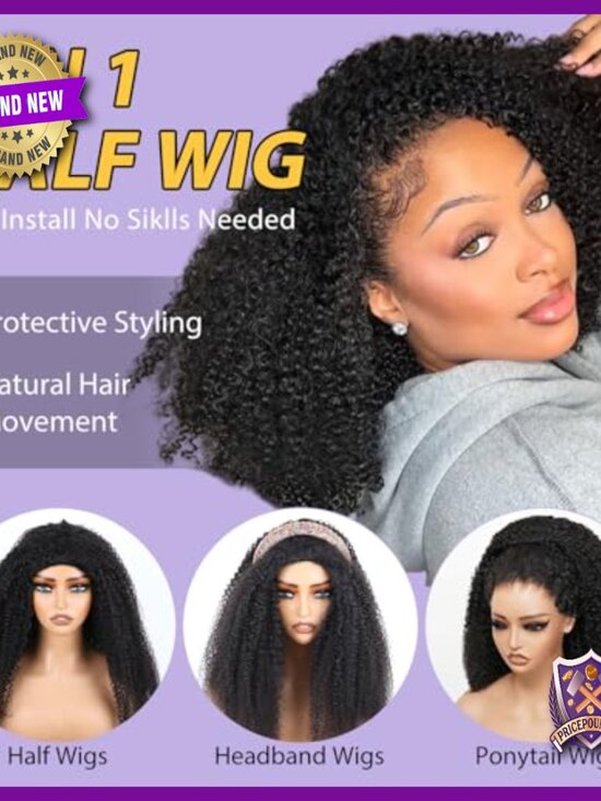 Human Hair Half Wig 20 Inch Afro Curly Glueless 180% Density Beginner Friendly main image 4